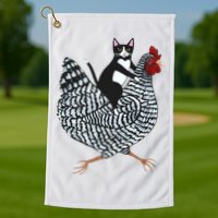 Tuxedo Cat Riding A Chicken Funny Golf Towel
