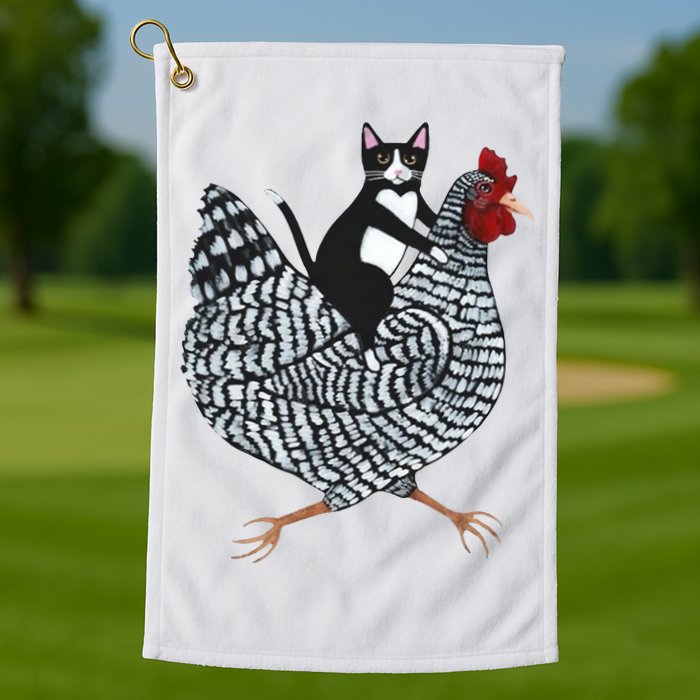 Tuxedo Cat Riding A Chicken Funny Golf Towel