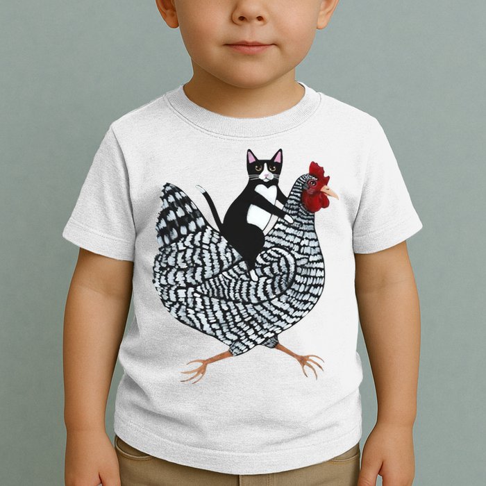 Tuxedo Cat Riding A Chicken Funny Toddler T-Shirt