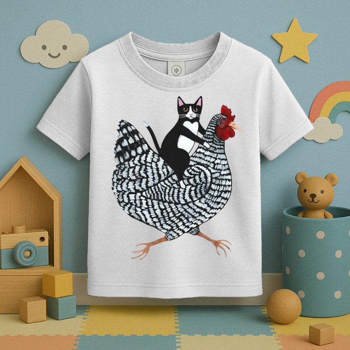 Tuxedo Cat Riding A Chicken Funny Toddler T-Shirt