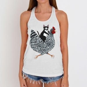 Tuxedo Cat Riding A Chicken Funny Women's Knotted Racerback Tank