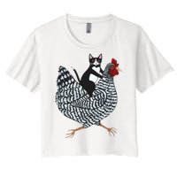 Tuxedo Cat Riding A Chicken Funny Women's Crop Top Tee