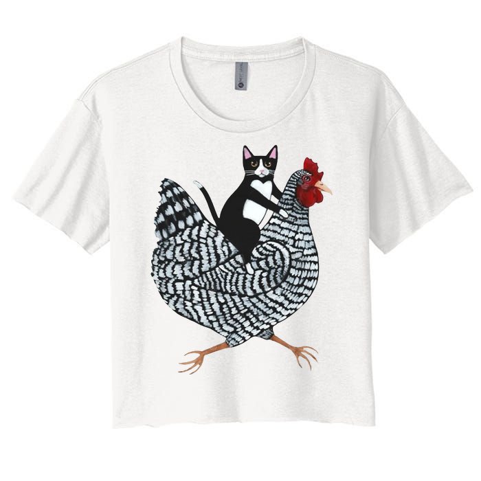 Tuxedo Cat Riding A Chicken Funny Women's Crop Top Tee