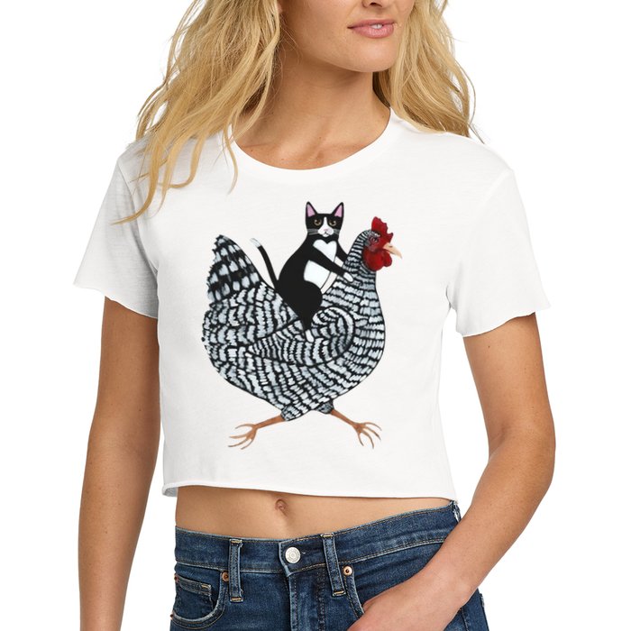 Tuxedo Cat Riding A Chicken Funny Crop Top