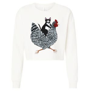 Tuxedo Cat Riding A Chicken Funny Cropped Pullover Crew