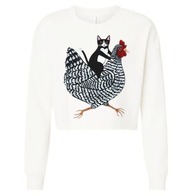 Tuxedo Cat Riding A Chicken Funny Cropped Pullover Crew