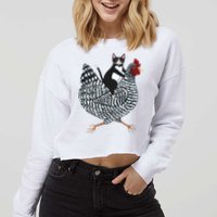 Tuxedo Cat Riding A Chicken Funny Cropped Pullover Crew