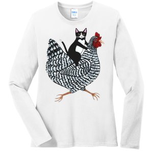 Tuxedo Cat Riding A Chicken Funny Ladies Long Sleeve Shirt