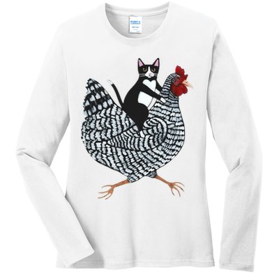 Tuxedo Cat Riding A Chicken Funny Ladies Long Sleeve Shirt