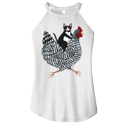 Tuxedo Cat Riding A Chicken Funny Women's Perfect Tri Rocker Tank