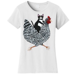 Tuxedo Cat Riding A Chicken Funny Women's T-Shirt