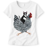 Tuxedo Cat Riding A Chicken Funny Womens T-Shirt