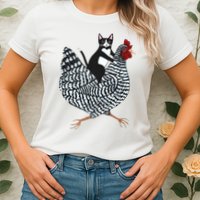 Tuxedo Cat Riding A Chicken Funny Womens T-Shirt