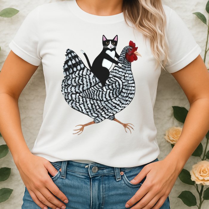 Tuxedo Cat Riding A Chicken Funny Womens T-Shirt