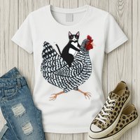 Tuxedo Cat Riding A Chicken Funny Womens T-Shirt