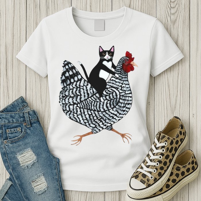 Tuxedo Cat Riding A Chicken Funny Womens T-Shirt