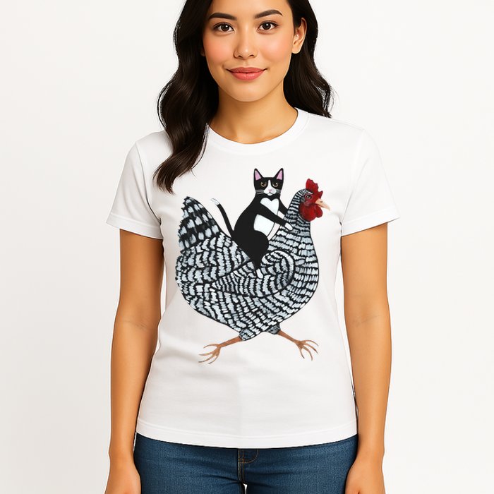 Tuxedo Cat Riding A Chicken Funny Womens T-Shirt