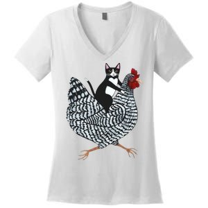 Tuxedo Cat Riding A Chicken Funny Women's V-Neck T-Shirt