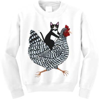Tuxedo Cat Riding A Chicken Funny Kids Sweatshirt