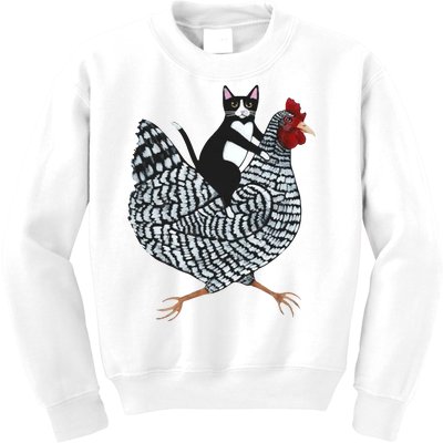 Tuxedo Cat Riding A Chicken Funny Kids Sweatshirt