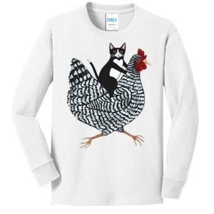 Tuxedo Cat Riding A Chicken Funny Kids Long Sleeve Shirt