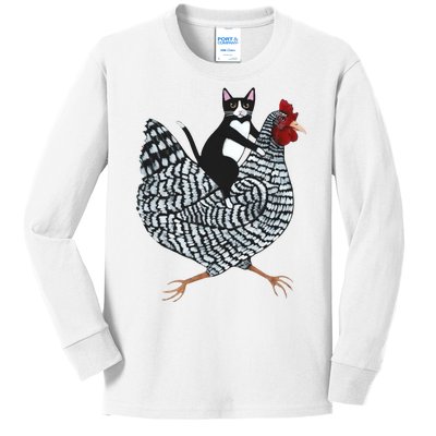 Tuxedo Cat Riding A Chicken Funny Kids Long Sleeve Shirt