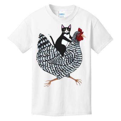 Tuxedo Cat Riding A Chicken Funny Kids T-Shirt