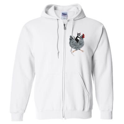 Tuxedo Cat Riding A Chicken Funny Full Zip Hoodie