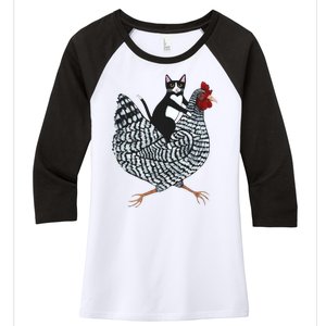 Tuxedo Cat Riding A Chicken Funny Women's Tri-Blend 3/4-Sleeve Raglan Shirt