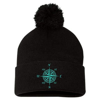 Turquoise Compass Rose Pom Pom 12in Knit Beanie