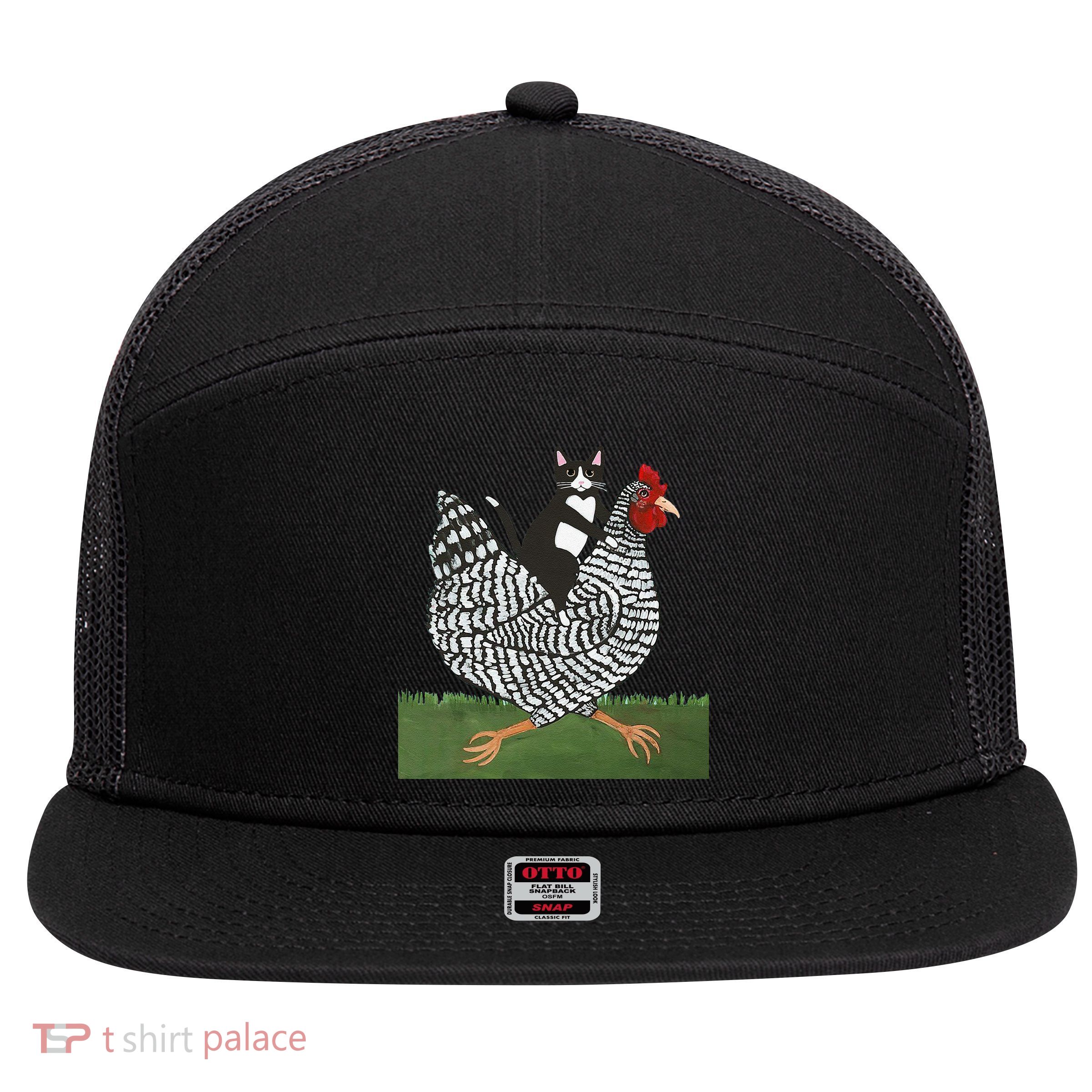 Tuxedo Cat Riding A Chicken Gift 7 Panel Mesh Trucker Snapback Hat