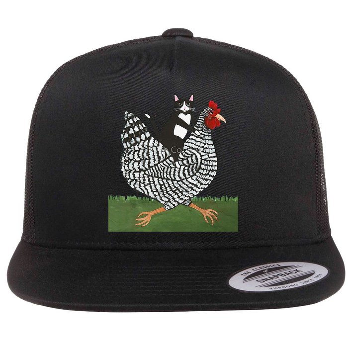 Tuxedo Cat Riding A Chicken Flat Bill Trucker Hat