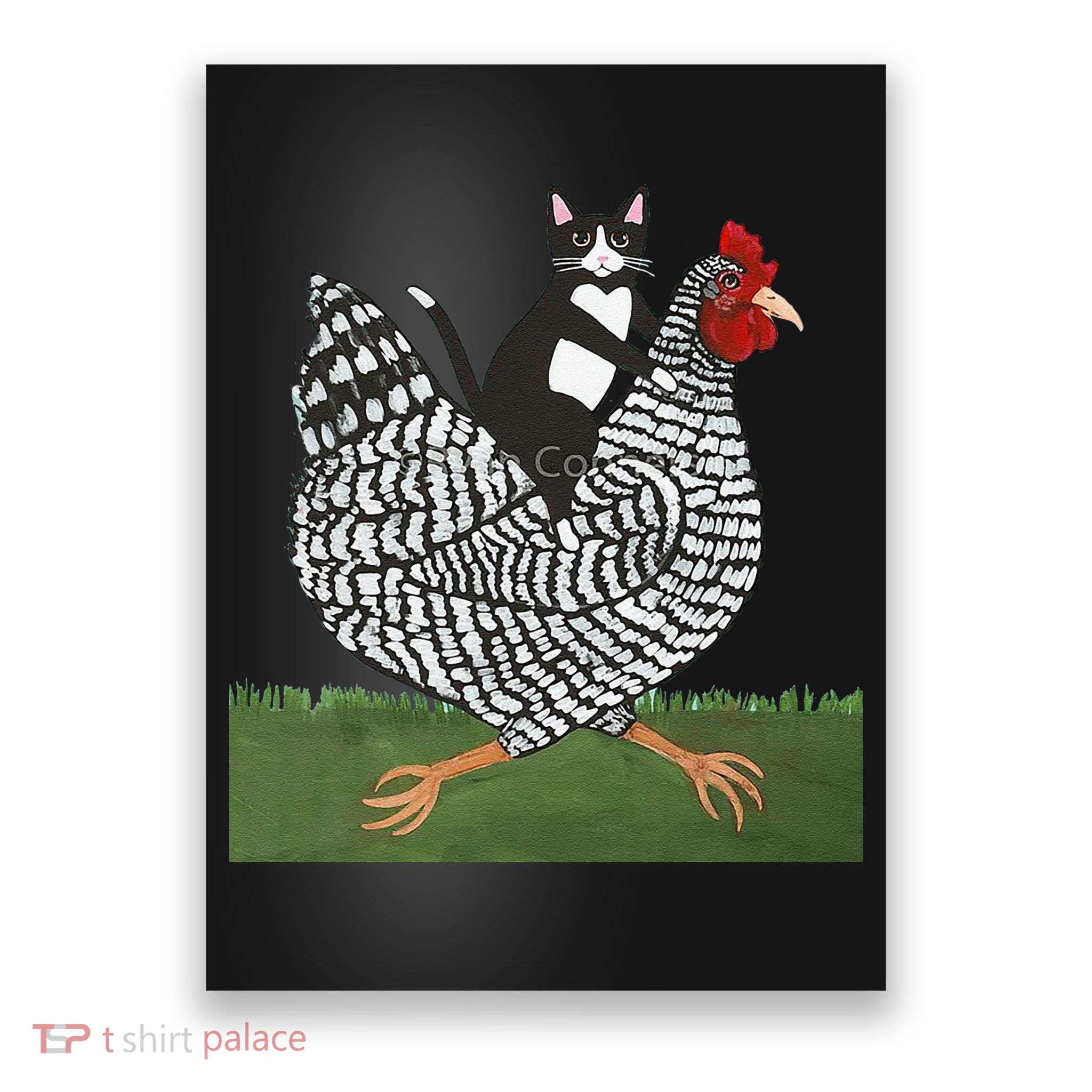 Tuxedo Cat Riding A Chicken Poster