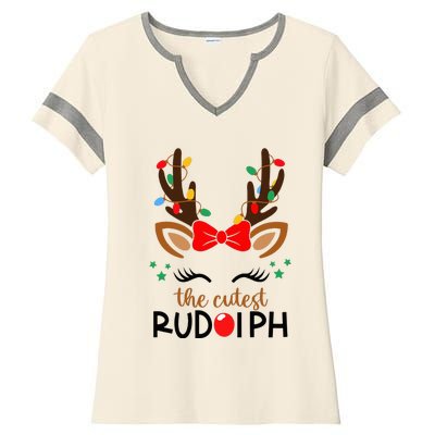 The Cutest Rudolph Reindeer Christmas Pajama Xmas Lights Ladies Halftime Notch Neck Tee