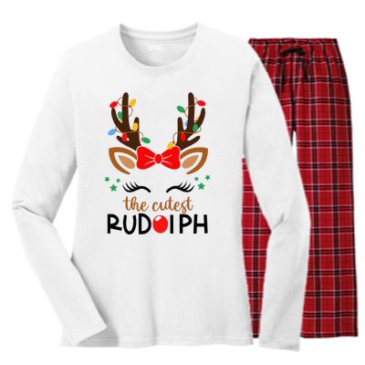 The Cutest Rudolph Reindeer Christmas Pajama Xmas Lights Women's Long Sleeve Flannel Pajama Set 