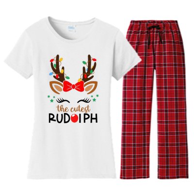 The Cutest Rudolph Reindeer Christmas Pajama Xmas Lights Women's Flannel Pajama Set