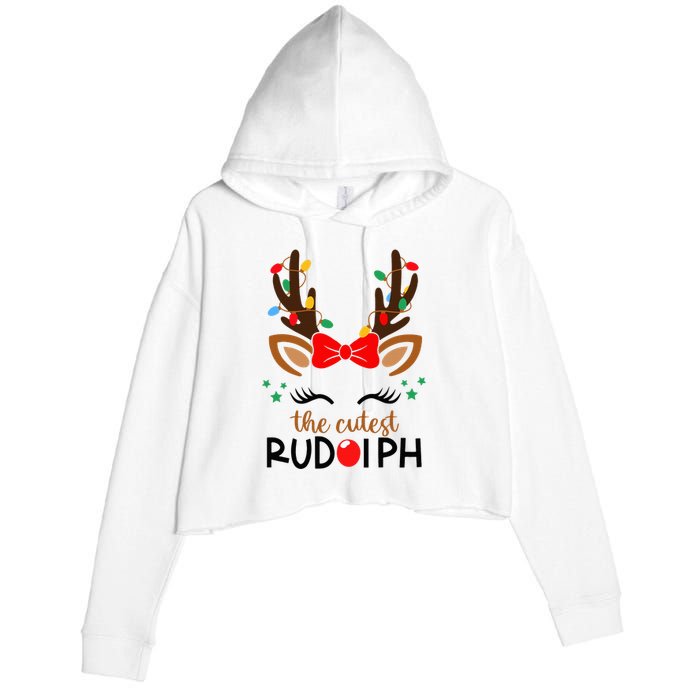 The Cutest Rudolph Reindeer Christmas Pajama Xmas Lights Crop Fleece Hoodie