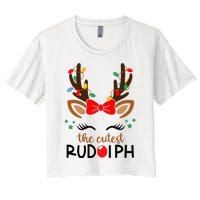 The Cutest Rudolph Reindeer Christmas Pajama Xmas Lights Women's Crop Top Tee