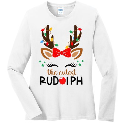 The Cutest Rudolph Reindeer Christmas Pajama Xmas Lights Ladies Long Sleeve Shirt