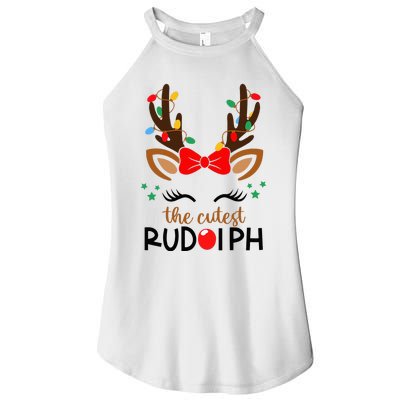 The Cutest Rudolph Reindeer Christmas Pajama Xmas Lights Women’s Perfect Tri Rocker Tank