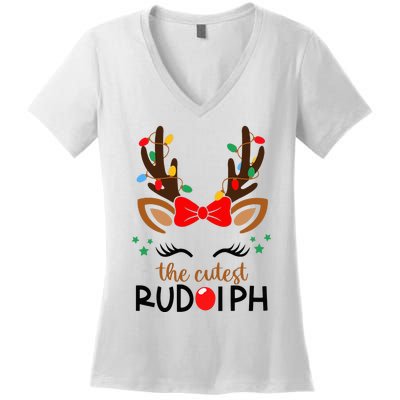 The Cutest Rudolph Reindeer Christmas Pajama Xmas Lights Women's V-Neck T-Shirt