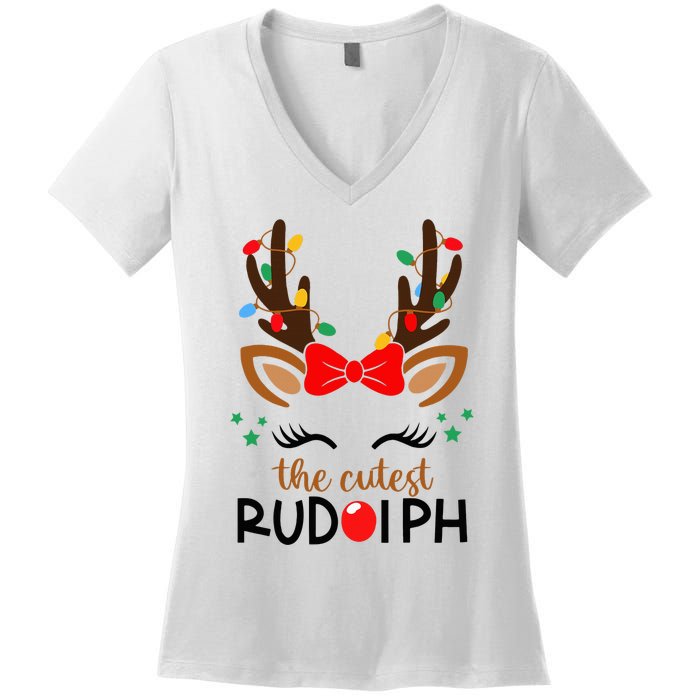 The Cutest Rudolph Reindeer Christmas Pajama Xmas Lights Women's V-Neck T-Shirt