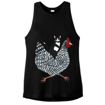 Tuxedo Cat Riding Chicken Funny Ladies PosiCharge Tri-Blend Wicking Tank