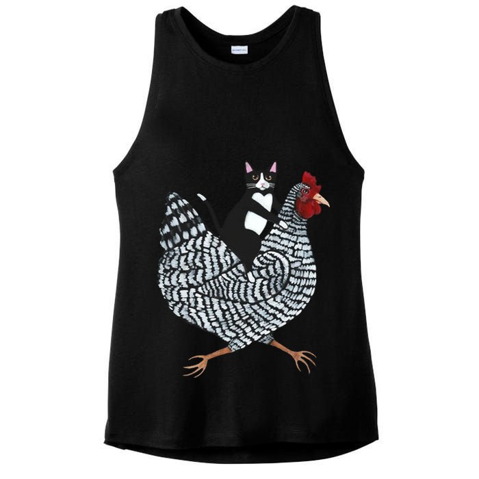 Tuxedo Cat Riding Chicken Funny Ladies PosiCharge Tri-Blend Wicking Tank
