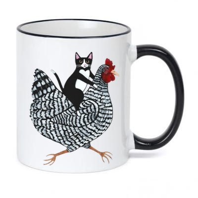 Tuxedo Cat Riding Chicken Funny 11oz Black Color Changing Mug