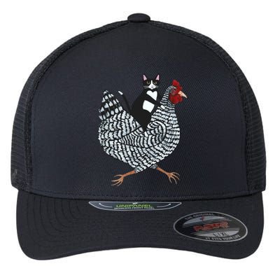 Tuxedo Cat Riding Chicken Funny Flexfit Unipanel Trucker Cap