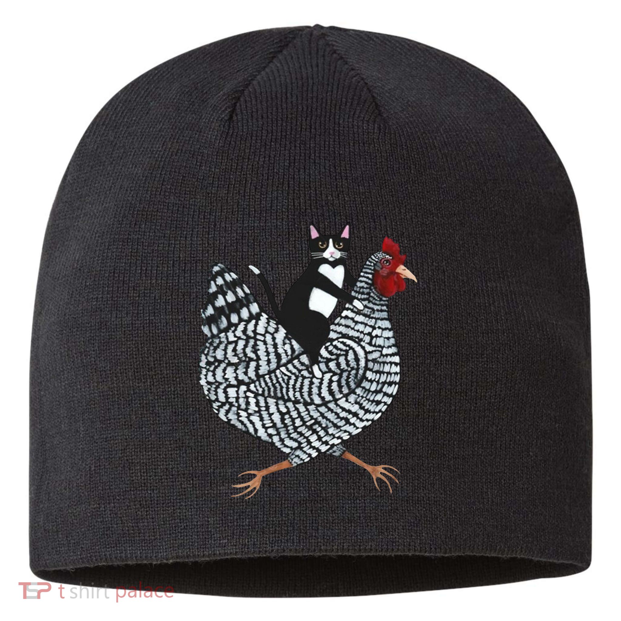Tuxedo Cat Riding Chicken Funny Sustainable Beanie