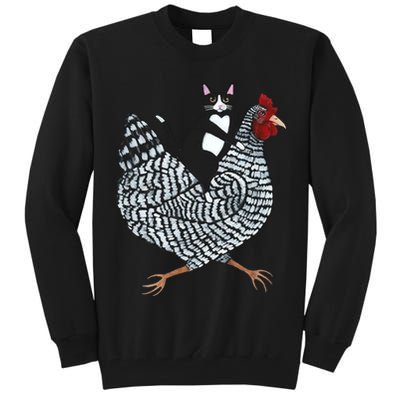 Tuxedo Cat Riding Chicken Funny Tall Sweatshirt