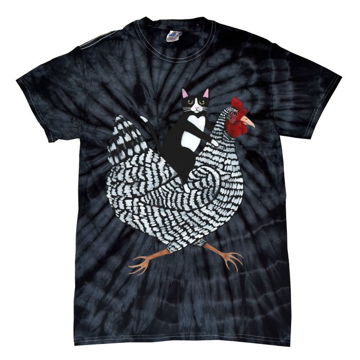 Tuxedo Cat Riding Chicken Funny Tie-Dye T-Shirt