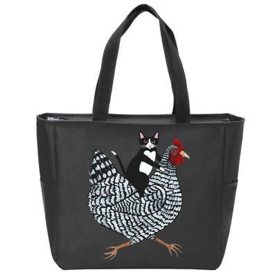 Tuxedo Cat Riding Chicken Funny Zip Tote Bag